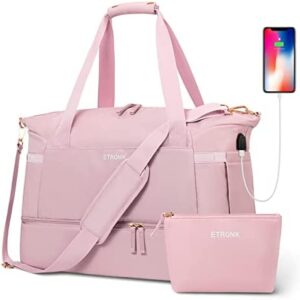 Gym Bag for Women, Sports Travel Duffel Bag with USB Charging Port, Weekender Overnight Bag with Wet Pocket and Shoes Compartment for Women Girls Travel, Gym, Yoga, School (Pink)