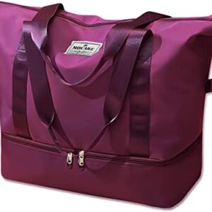 MOCARE Travel Duffel Bag, Sports Gym Tote Carry on Bags for Women, Foldable Lightweight Overnight Shoulder Weekender Shopping Hospital Handbag with Shoes Compartment (Purplish Red)