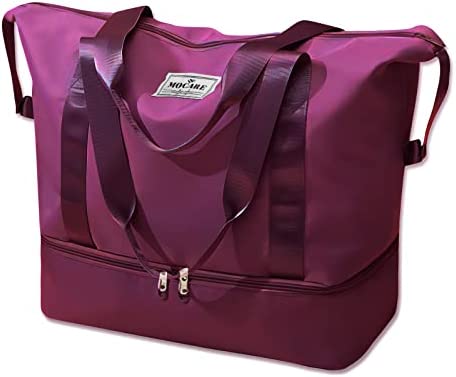 MOCARE Travel Duffel Bag, Sports Gym Tote Carry on Bags for Women, Foldable Lightweight Overnight Shoulder Weekender Shopping Hospital Handbag with Shoes Compartment (Purplish Red)