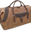 Oversized Travel Duffel Bag Waterproof Canvas Genuine Leather Weekend bag Weekender Overnight Carryon Hand Bag Brown